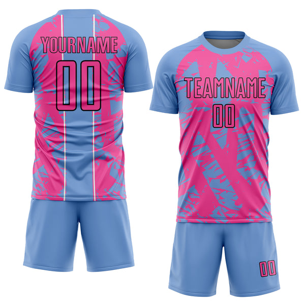 Custom Light Blue Pink-White Irregular Shapes Sublimation Soccer Uniform Jersey