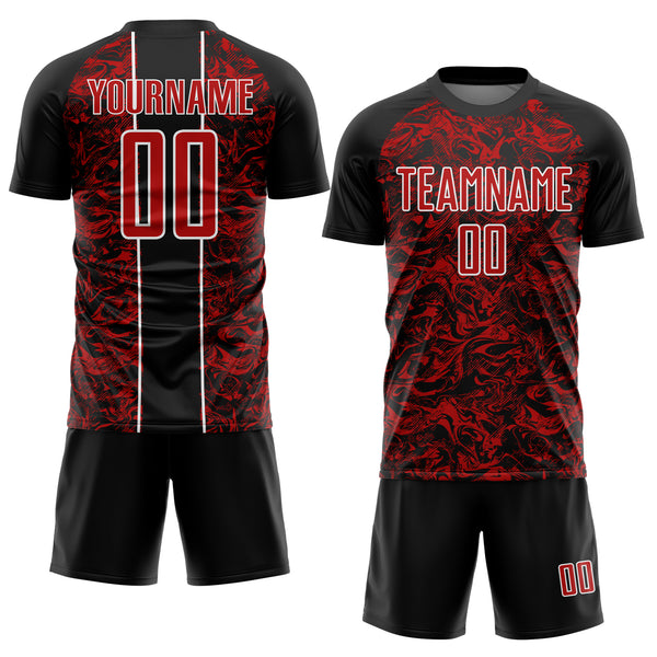 Custom Black Red-White Abstract Fluid Sublimation Soccer Uniform Jersey