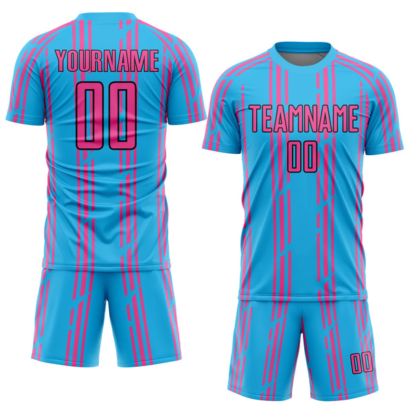 Custom Sky Blue Pink-Black Pinstripe Sublimation Soccer Uniform Jersey