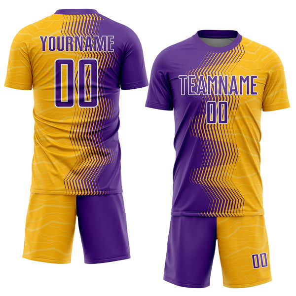 Custom Gold Purple-White Gradient Arrow Sublimation Soccer Uniform Jersey