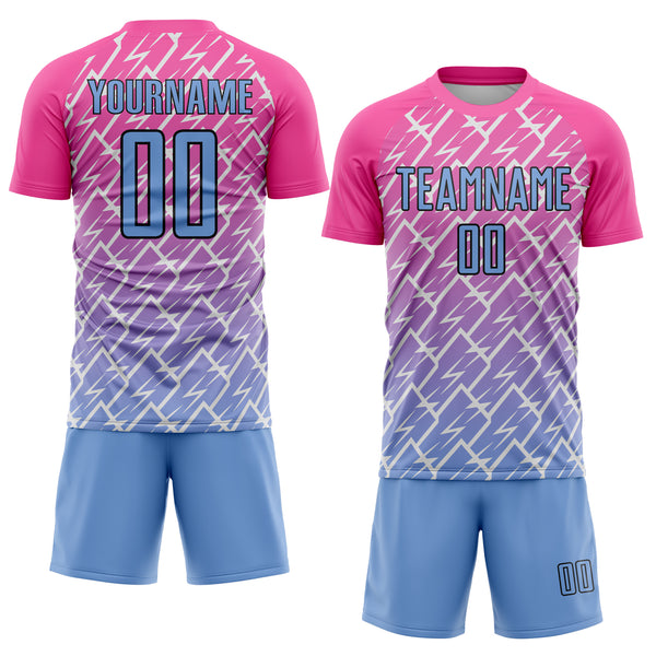 Custom Pink Light Blue-Black Lightning Sublimation Soccer Uniform Jersey
