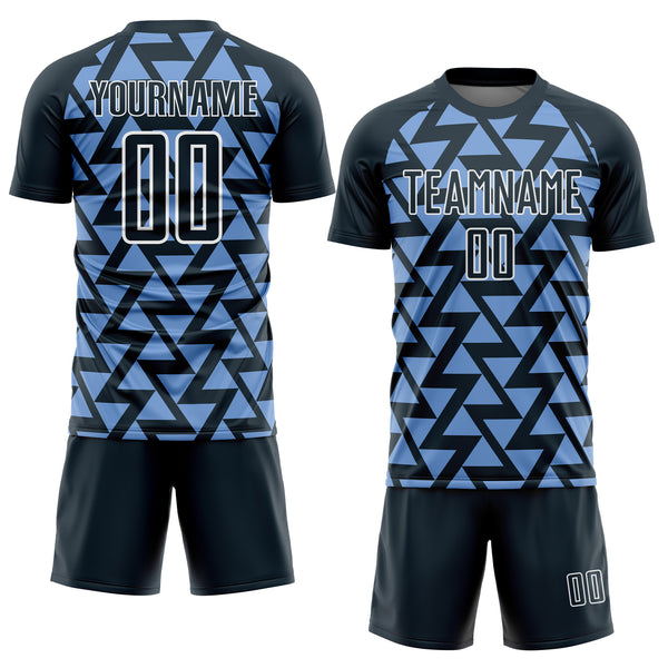 Custom Navy Light Blue-White Abstract Geometric Triangles Sublimation Soccer Uniform Jersey