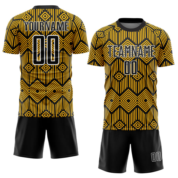 Custom Gold Black-White Abstract Geometric Shapes Sublimation Soccer Uniform Jersey