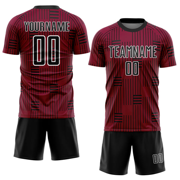 Custom Maroon Black-White Lines Sublimation Soccer Uniform Jersey