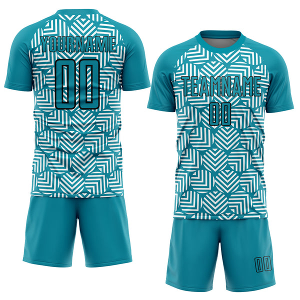 Custom Teal Black Abstract Geometric Shapes Sublimation Soccer Uniform Jersey