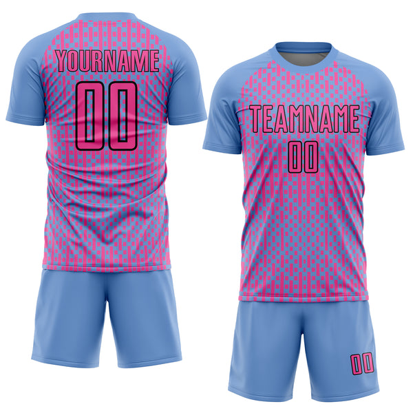 Custom Light Blue Pink-Black Abstract Geometric Shapes Sublimation Soccer Uniform Jersey