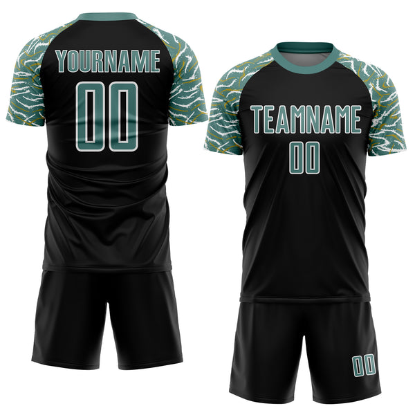 Custom Black Midnight Green-White Curved And Wavy Lines Sublimation Soccer Uniform Jersey