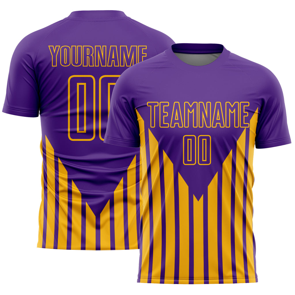 Custom Purple Gold Lines Sublimation Soccer Uniform Jersey