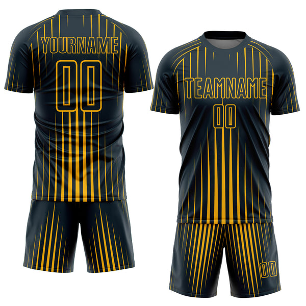 Custom Navy Gold Lines Sublimation Soccer Uniform Jersey