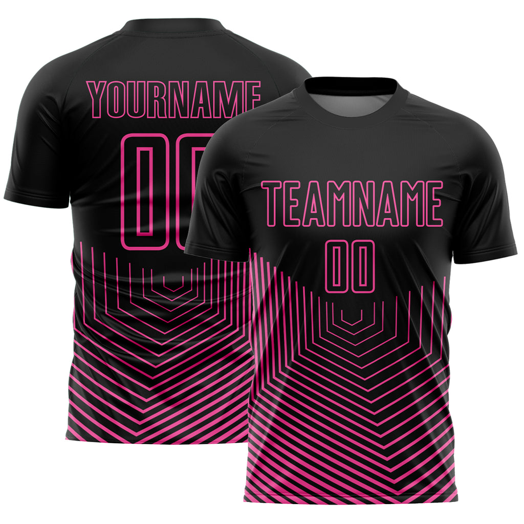 Custom Black Pink Geometric Lines Sublimation Soccer Uniform Jersey