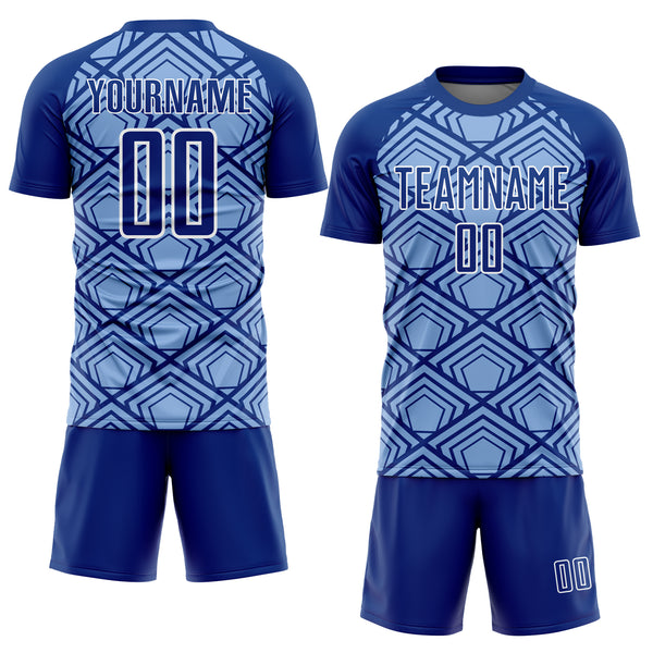 Custom Light Blue Royal-White Geometric Pattern Sublimation Soccer Uniform Jersey