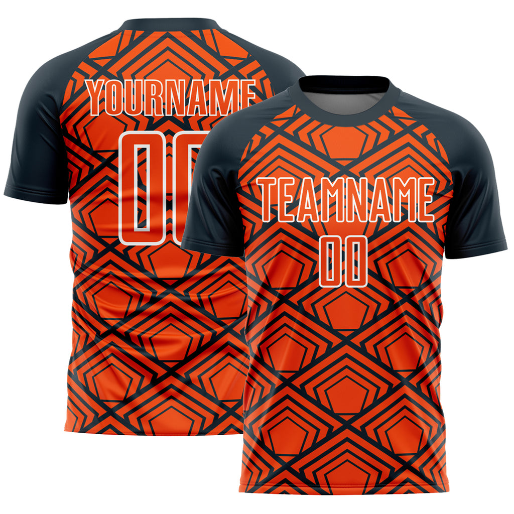 Custom Orange Navy-White Geometric Pattern Sublimation Soccer Uniform Jersey