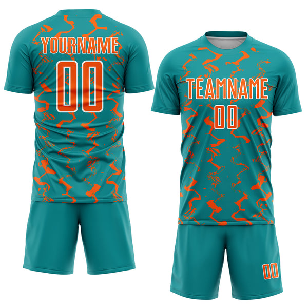 Custom Teal Orange-White Abstract Lines Sublimation Soccer Uniform Jersey