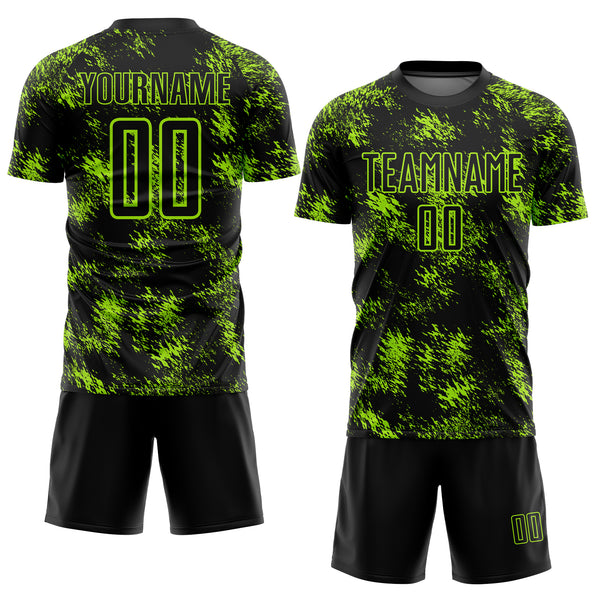 Custom Black Neon Green Abstract Grunge Art Sublimation Soccer Uniform Jersey