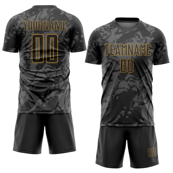 Custom Black Gray-Old Gold Abstract Grunge Art Sublimation Soccer Uniform Jersey