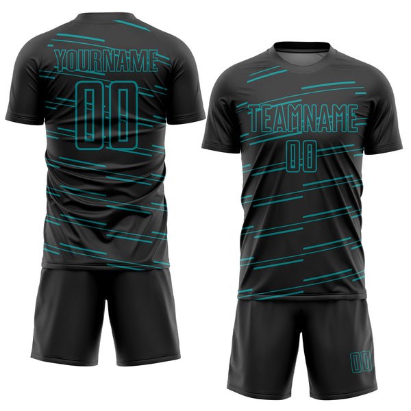 Custom Black Teal Lines Sublimation Soccer Uniform Jersey