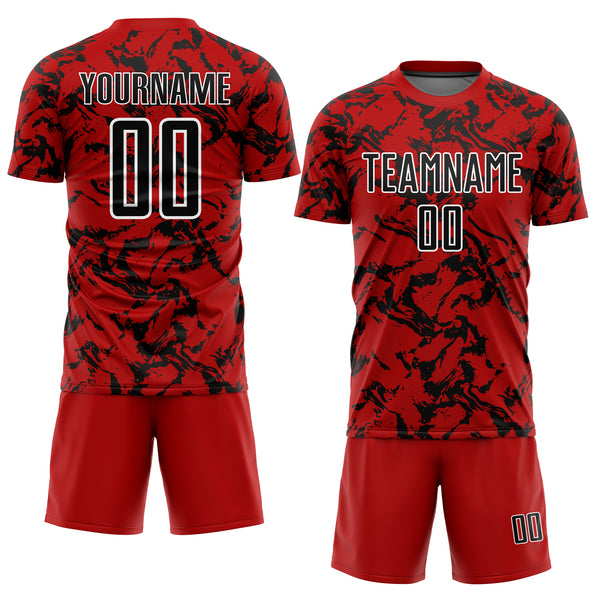 Custom Red Black-White Abstract Fluid Sublimation Soccer Uniform Jersey