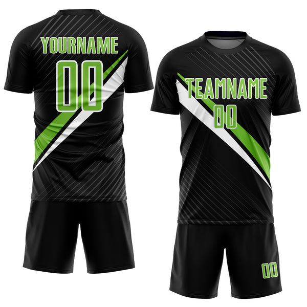 Custom Black Neon Green-White Diagonal Lines Sublimation Soccer Uniform Jersey
