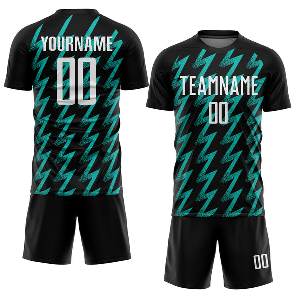 Custom Black White-Aqua Zigzag Shape Sublimation Soccer Uniform Jersey