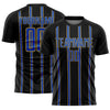 Custom Black Thunder Blue-Old Gold Stripe Line Sublimation Soccer Uniform Jersey