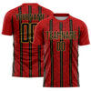 Custom Red Black-Old Gold Stripe Line Sublimation Soccer Uniform Jersey