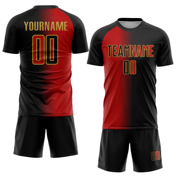 Custom Black Red-Old Gold Sublimation Gradient Fashion Soccer Uniform Jersey