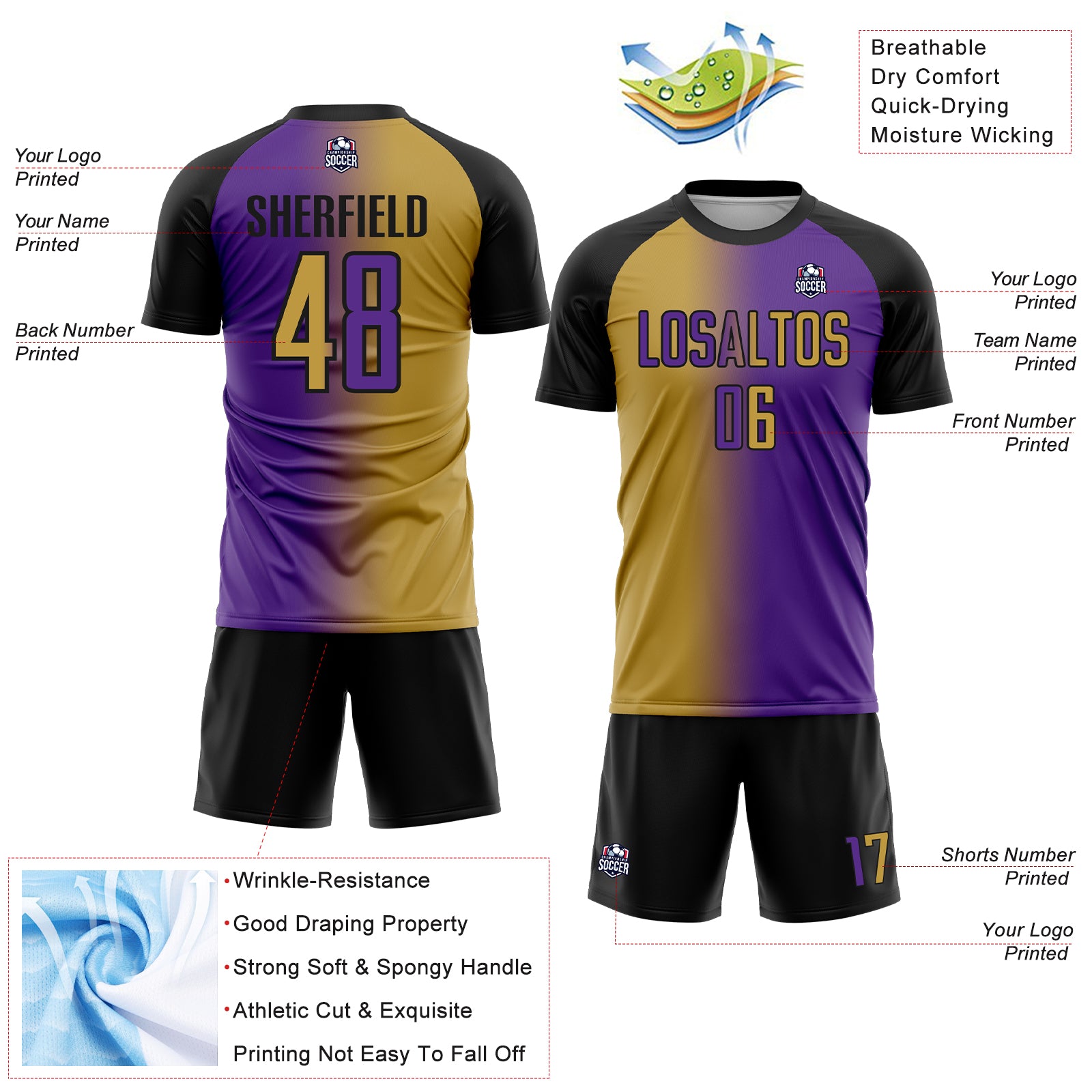 Custom Purple Old Gold-Black Sublimation Gradient Fashion Soccer Uniform Jersey