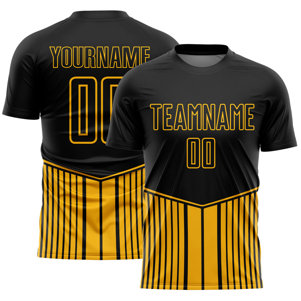 Custom Black Gold Stripe Line Sublimation Soccer Uniform Jersey