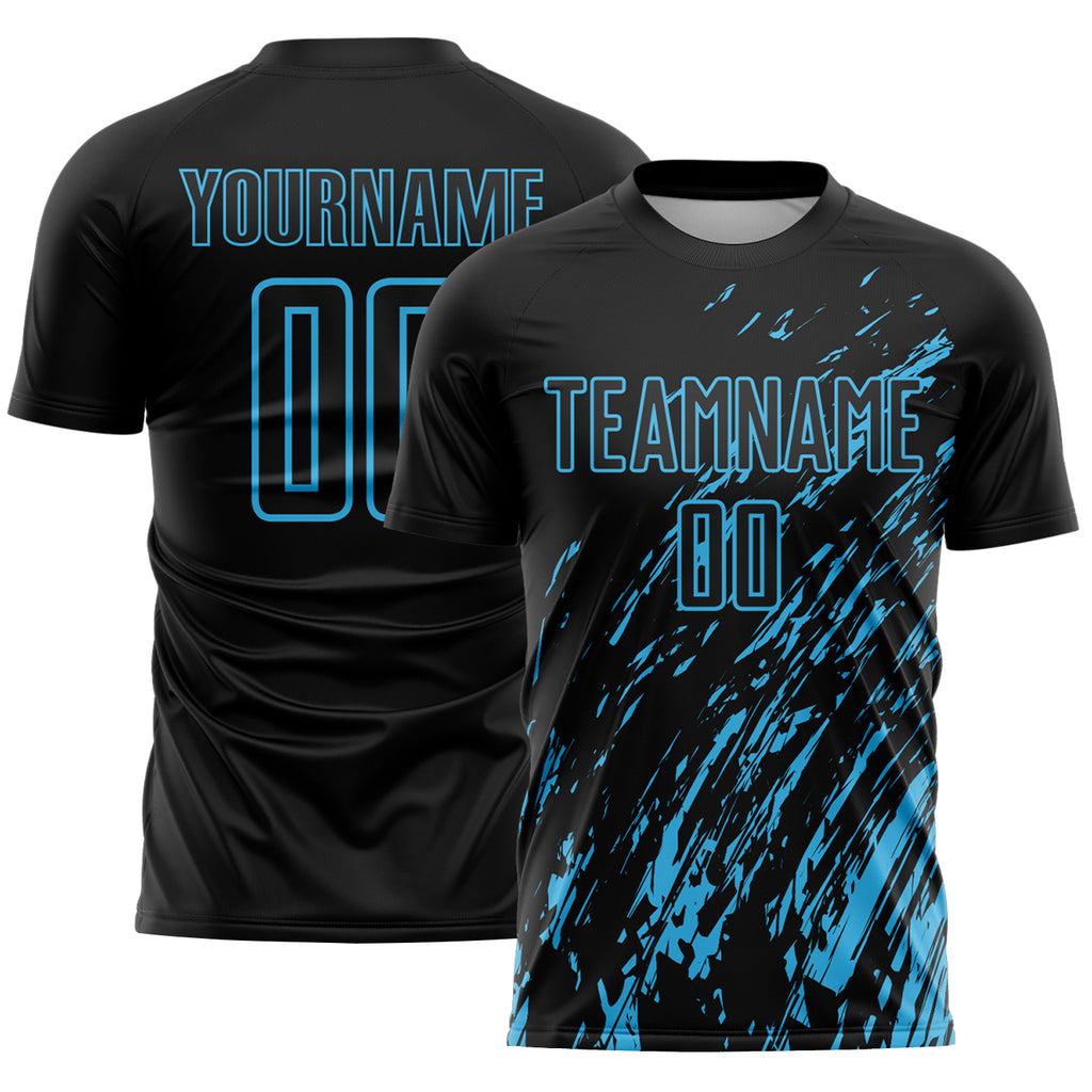 Custom Black Sky Blue Splash Sublimation Soccer Uniform Jersey