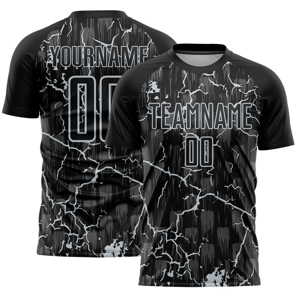 Custom Black Silver Lightning Sublimation Soccer Uniform Jersey