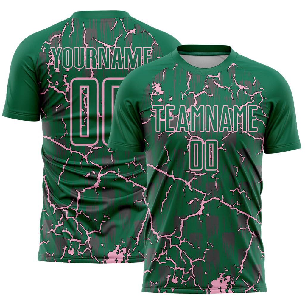 Custom Kelly Green Light Pink Lightning Sublimation Soccer Uniform Jersey