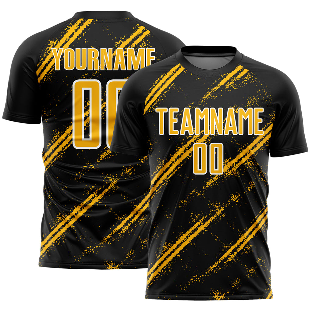 Custom Black Gold-White Abstract Fragment Art Splash Sublimation Soccer Uniform Jersey