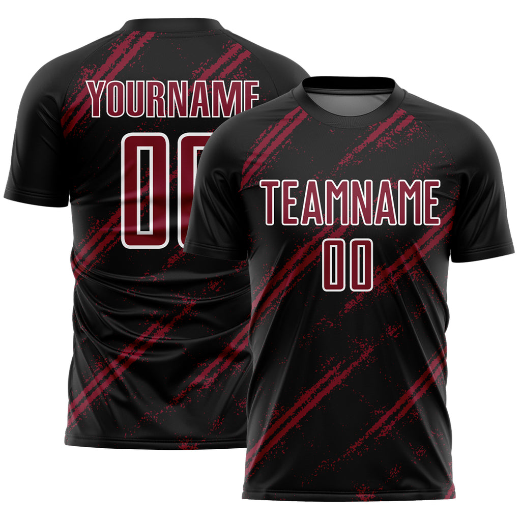 Custom Black Crimson-White Abstract Fragment Art Splash Sublimation Soccer Uniform Jersey