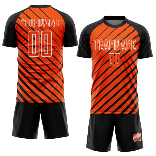 Custom Black Orange-White Lines Sublimation Soccer Uniform Jersey