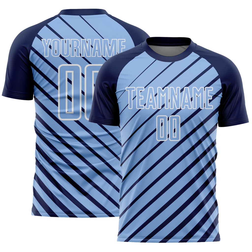 Custom Navy Light Blue-White Lines Sublimation Soccer Uniform Jersey