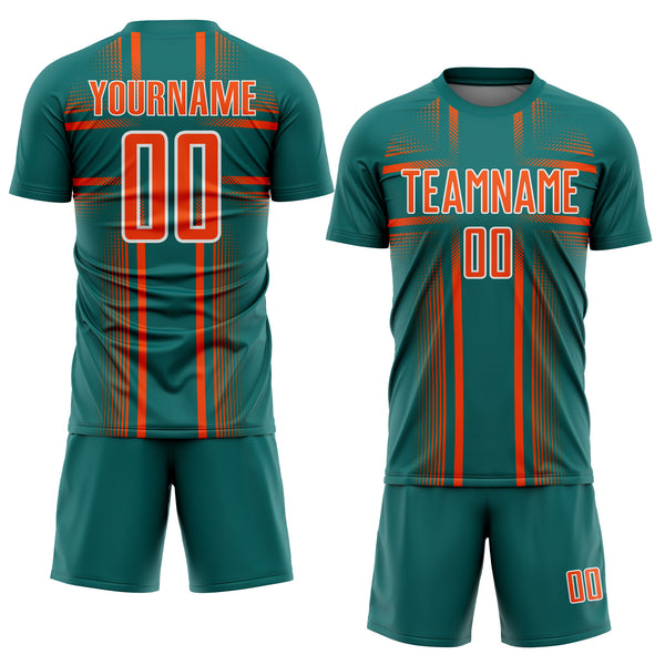 Custom Teal Orange-White Lines Sublimation Soccer Uniform Jersey