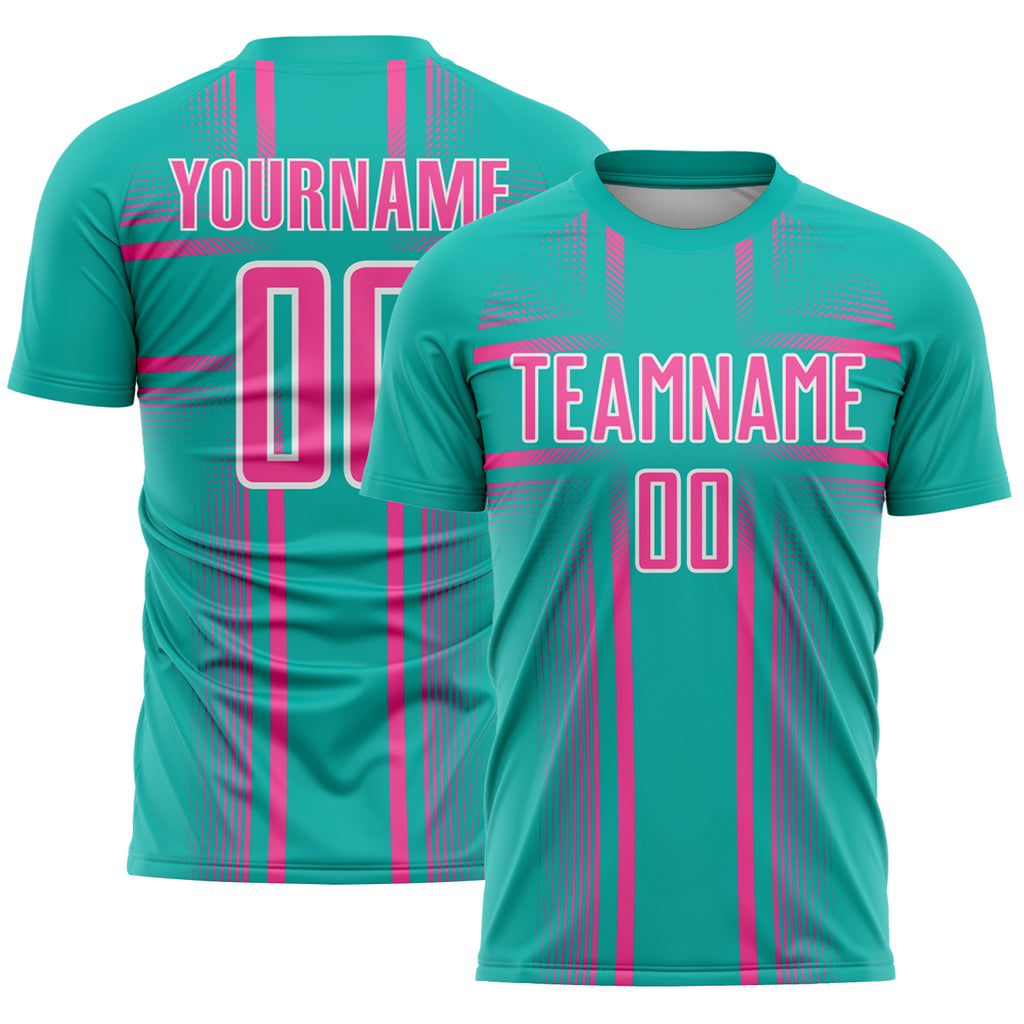 Custom Aqua Pink-White Lines Sublimation Soccer Uniform Jersey