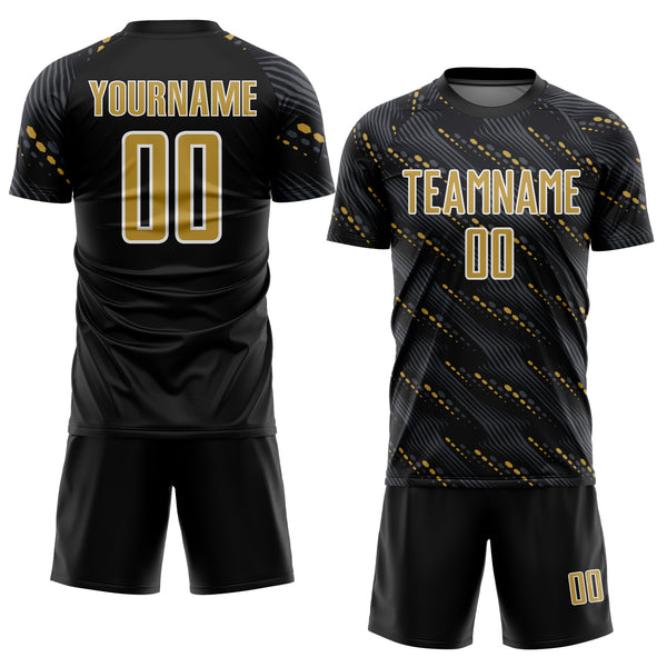 Custom Black Old Gold-White Slant Lines Sports Sublimation Soccer Uniform Jersey