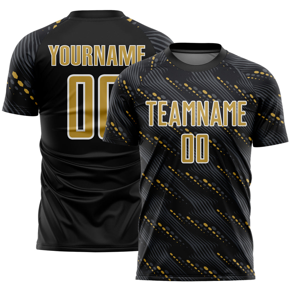 Custom Black Old Gold-White Slant Lines Sports Sublimation Soccer Uniform Jersey