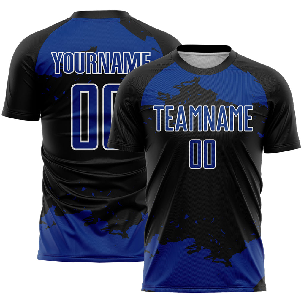 Custom Black Royal-White Abstract Fragment Art Sublimation Soccer Uniform Jersey