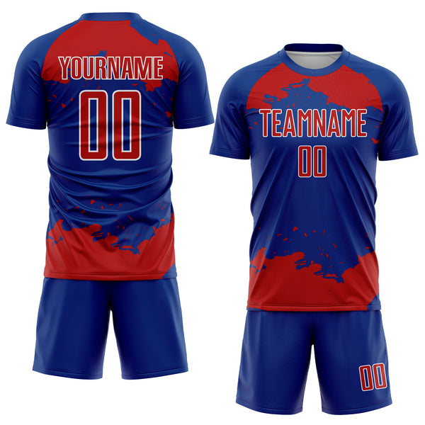 Custom Royal Red-White Abstract Fragment Art Sublimation Soccer Uniform Jersey