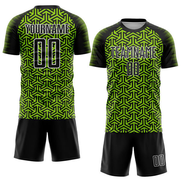 Custom Black Neon Green-White Geometric Arrow Sublimation Soccer Uniform Jersey