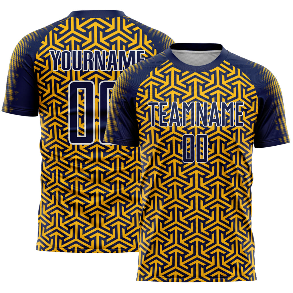 Custom Navy Gold-White Geometric Arrow Sublimation Soccer Uniform Jersey