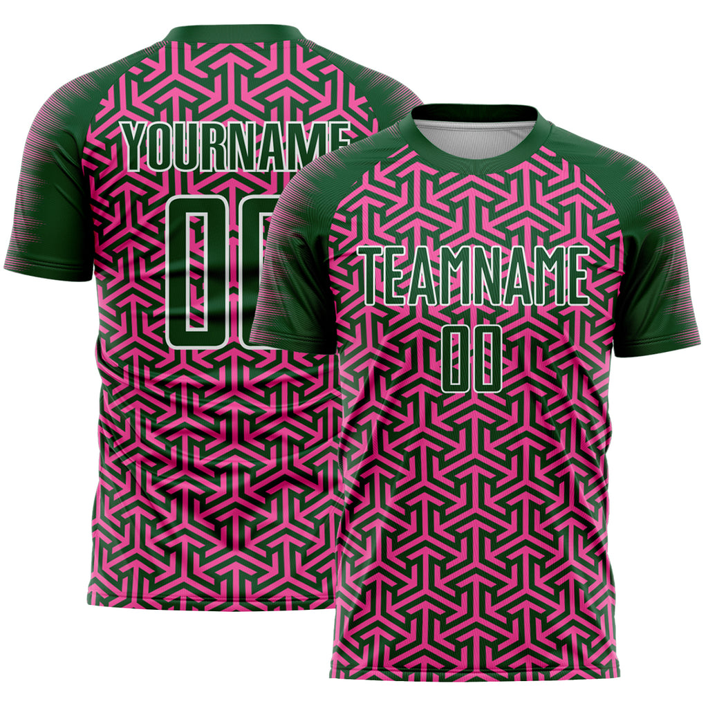 Custom Green Pink-White Geometric Arrow Sublimation Soccer Uniform Jersey
