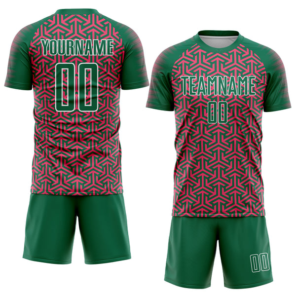 Custom Kelly Green Neon Pink-White Geometric Arrow Sublimation Soccer Uniform Jersey