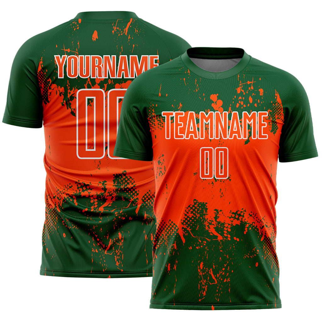 Custom Green Orange-White Abstract Splatter Grunge Art Sports Sublimation Soccer Uniform Jersey