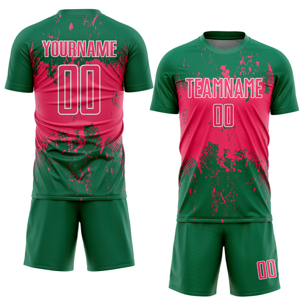 Custom Kelly Green Neon Pink-White Abstract Splatter Grunge Art Sports Sublimation Soccer Uniform Jersey