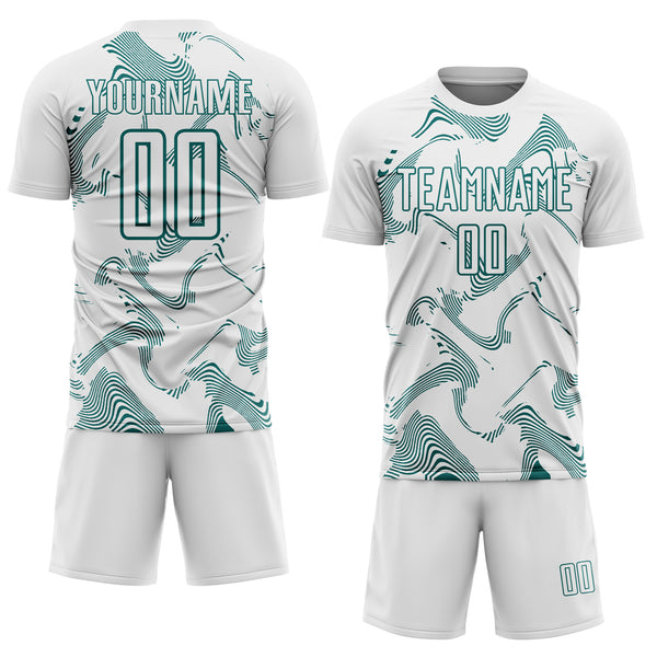 Custom White Teal Curve Lines Sports Sublimation Soccer Uniform Jersey