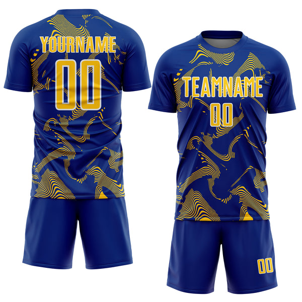 Custom Royal Yellow-White Curve Lines Sports Sublimation Soccer Uniform Jersey