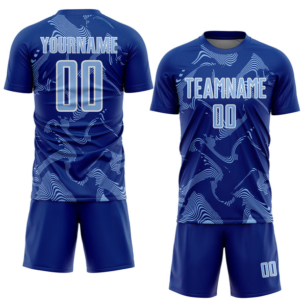 Custom Royal Light Blue-White Curve Lines Sports Sublimation Soccer Uniform Jersey